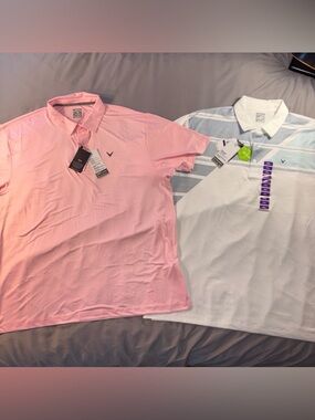 NEW Lot of 2 Callaway Polo Shirt Mens 2XL  Opti-Dri Golf Pink White Blue Preppy